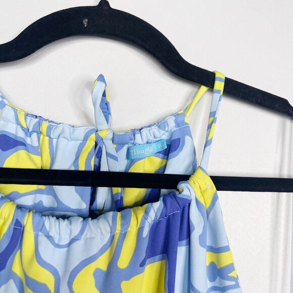 J McLaughlin XS Blue Yellow Catalina Cloth Halter Mini Dress Geometric Printed - Picture 5 of 10
